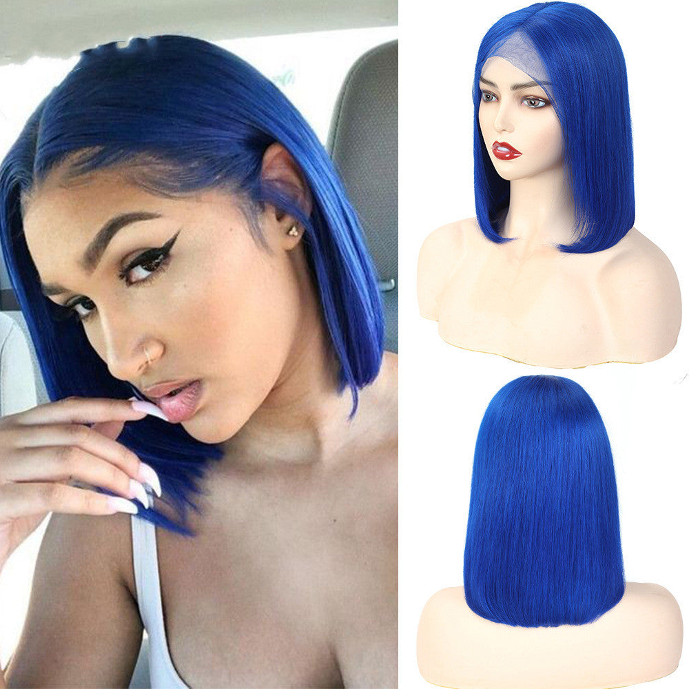 Short Bob Wig Blue Color Straight Brazilian Human Hair Transparent Lace Wig
