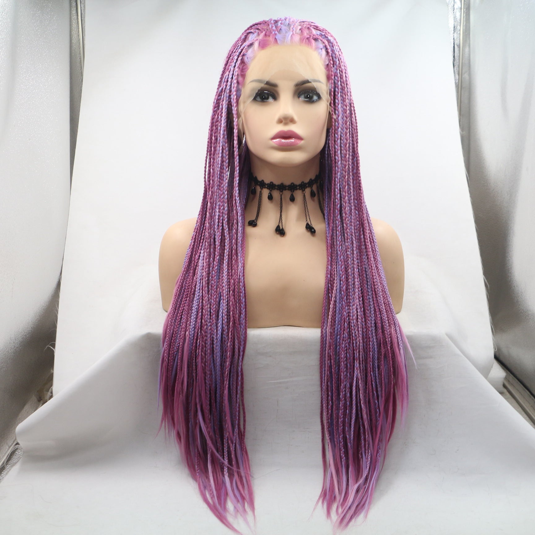 Fashionable Chemical Fiber Wig Female Deep Light Purple Long Straight Hair Small Braid High Temperature Silk Headgear