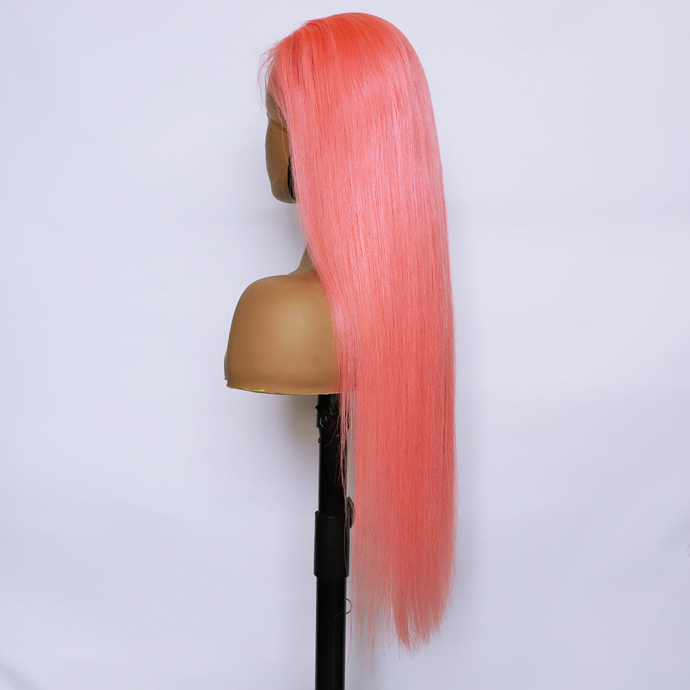 Human Hair 13x4 Front Lace Light Pink Straight Stripe Wig Headband