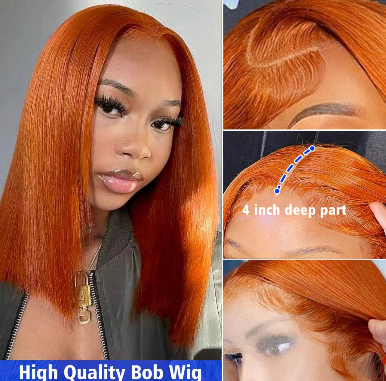 Gradient Color Short Bob Wig Orange Lace Front Human Hair Wig