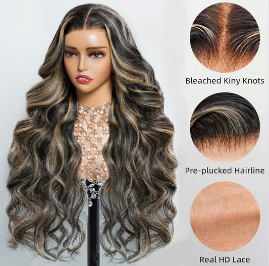 Laboss beauty Wear and Go Glueless Wigs Human Hair Pre Plucked Pre Cut 6x5 Closure Wigs Human Hair Balayage Body Wave Wig Human Hair 220% Density Highlight Ombre Wig with Bleached Tiny Knots 1b/27 24 Inch