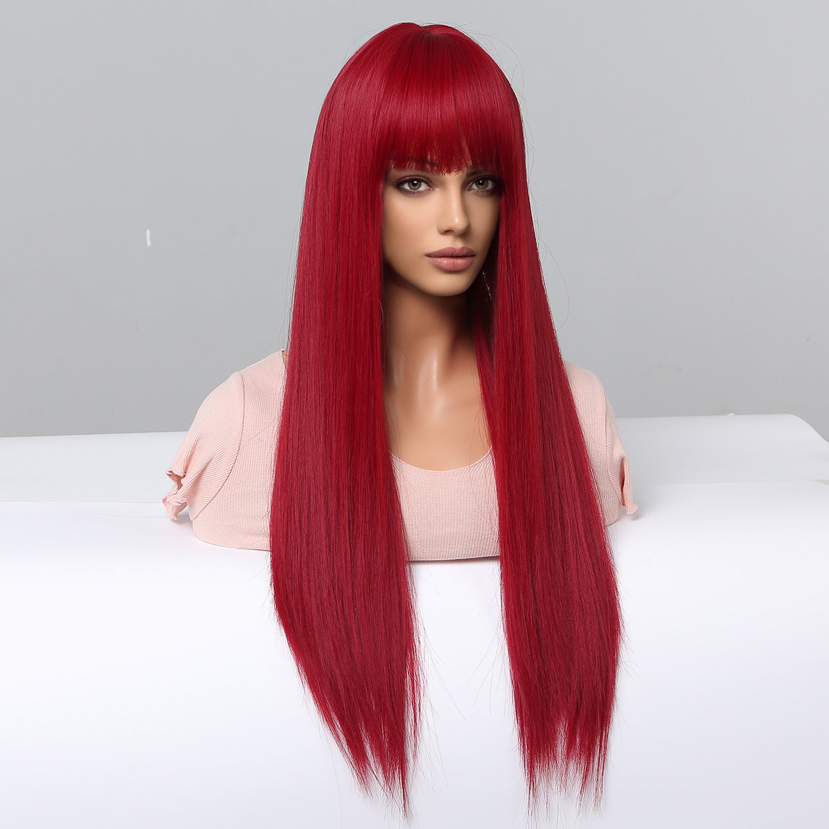 Red Long Straight Wig Head Cover With European And American Style