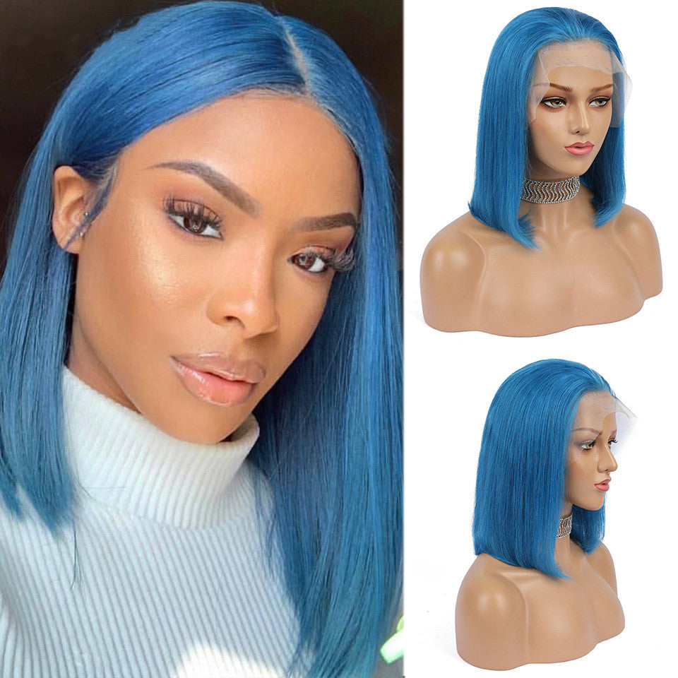 Short Bob Wig Blue Color Straight Brazilian Human Hair Transparent Lace Wig